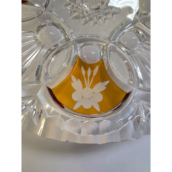 Vintage Bohemian Amber Crystal Glass Serving Bowl Etched Floral - Picture 3 of 6